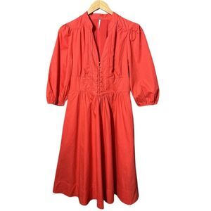 Free People Red Midi Summer Winds Dress Puff Sleeves Womens Size 2 Knee Length